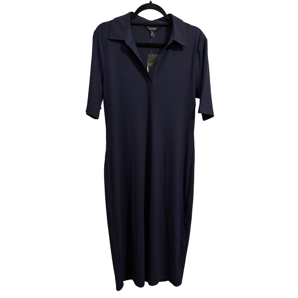 Lauren Ralph Lauren NWT Rib-Knit Elbow Sleeve Polo Midi Dress Navy XL - Picture 6 of 8